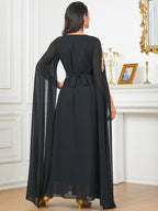 Beaded Flared-Sleeve Evening Maxi Dress