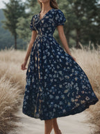 Floral V-Neck Loose Short-Sleeve Maxi Dress for Women