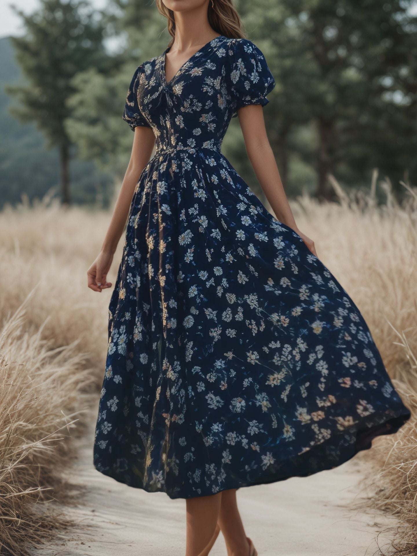 Floral V-Neck Loose Short-Sleeve Maxi Dress for Women