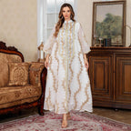 Embroidered Mesh Stand-Collar Maxi Dress