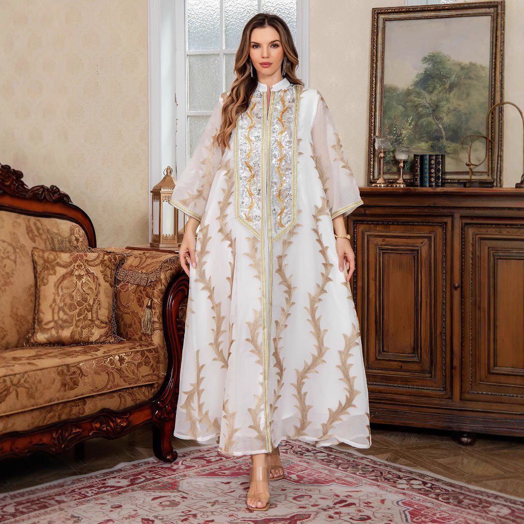 Embroidered Mesh Stand-Collar Maxi Dress