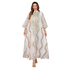 Embroidered Mesh Stand-Collar Maxi Dress for women with stand collar and long sleeves