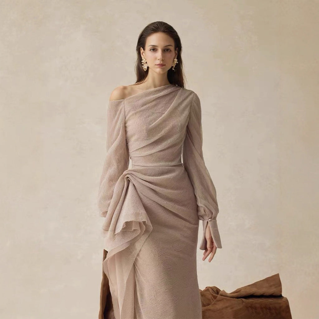 Pleated One-Shoulder Fitted Dress for Women in Khaki