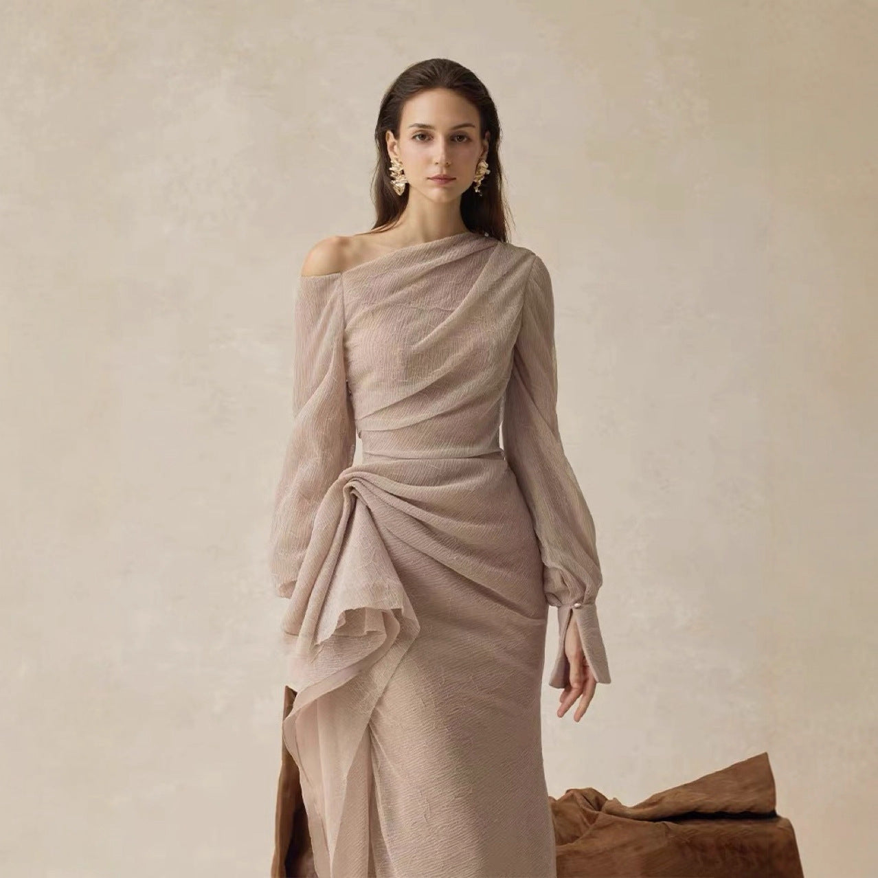 Pleated One-Shoulder Fitted Dress for Women in Khaki