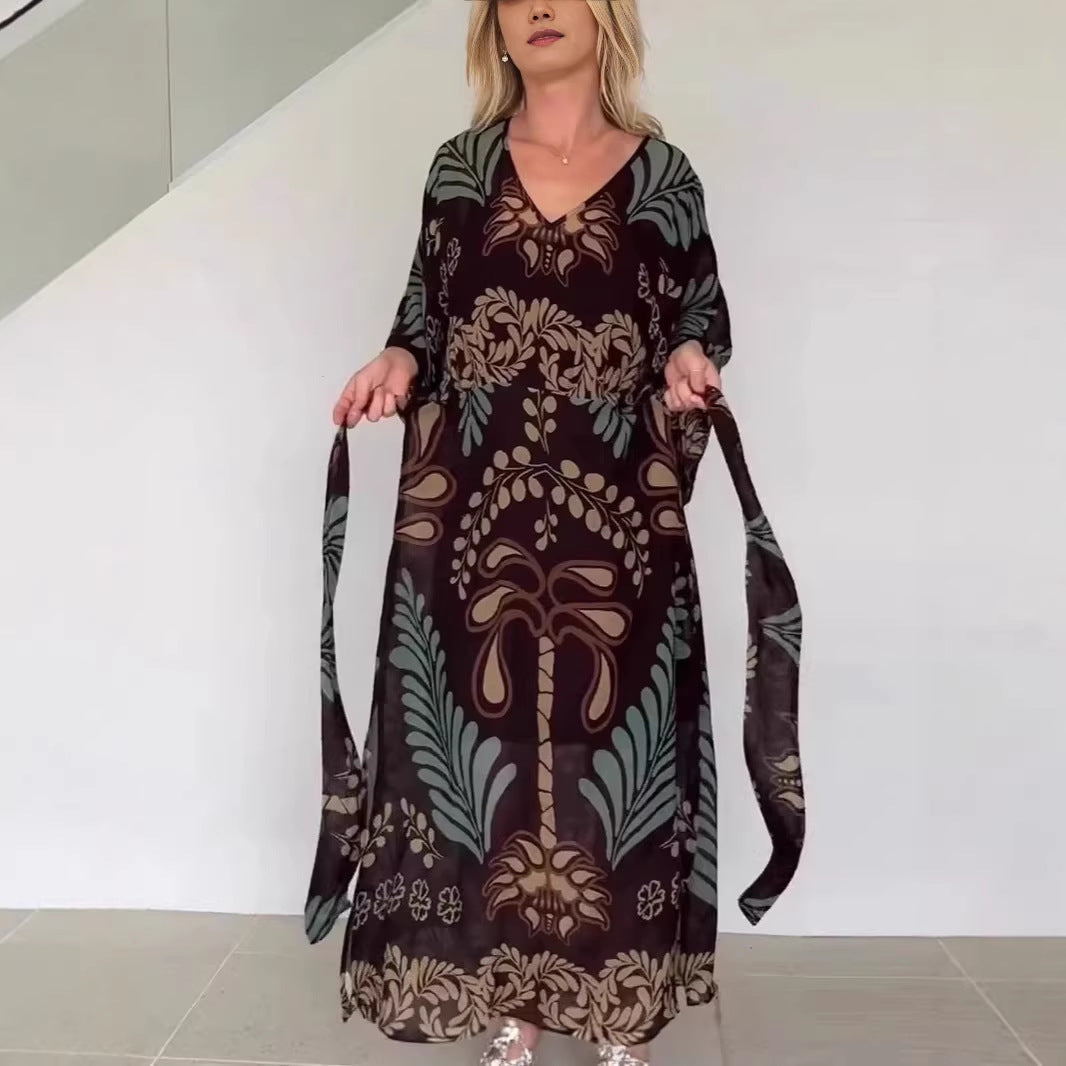 Bohemian Geometric Chiffon Maxi Dress for Women, V-Neck Main image