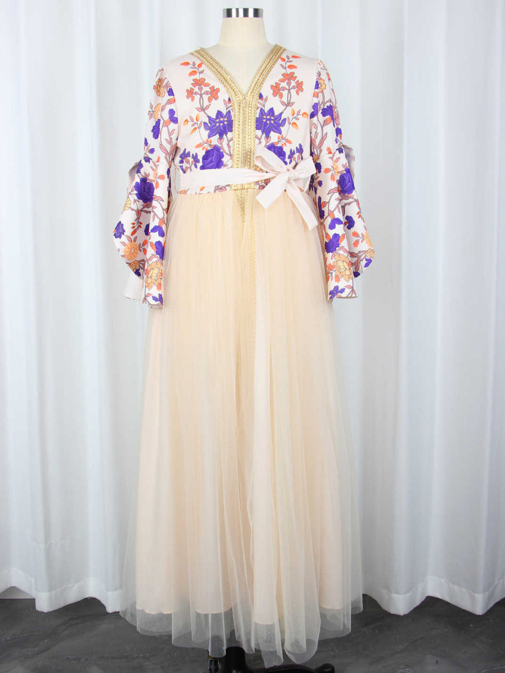 Printed Trumpet-Sleeve Maxi Dress