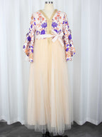 Printed Trumpet-Sleeve Maxi Dress