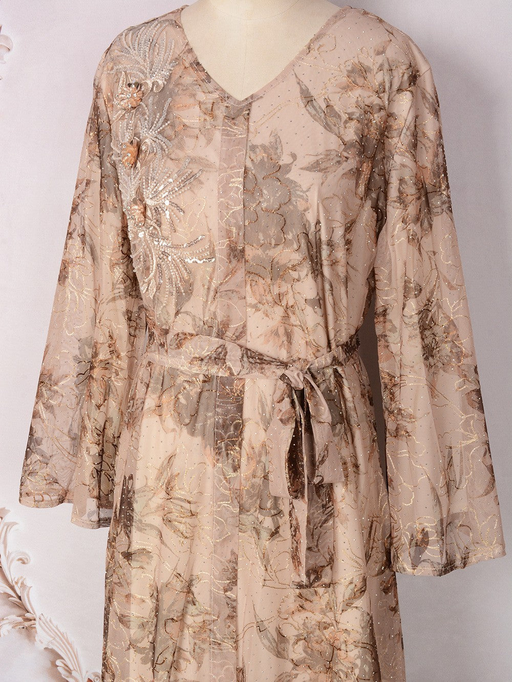 V-Neck Lace-Up Long-Sleeve Maxi Dress