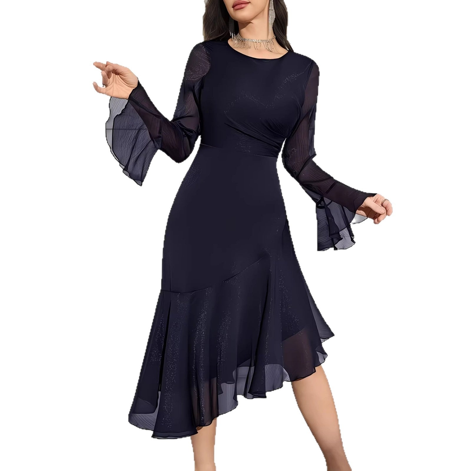 Ruffle Long-Sleeve Midi Dress for women with long sleeves Main image