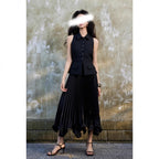 Satin Petal-Ruffle Pleated Midi Skirt for Women