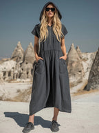 Vintage Cotton-Linen Hooded Half-Zip Midi Dress for Women