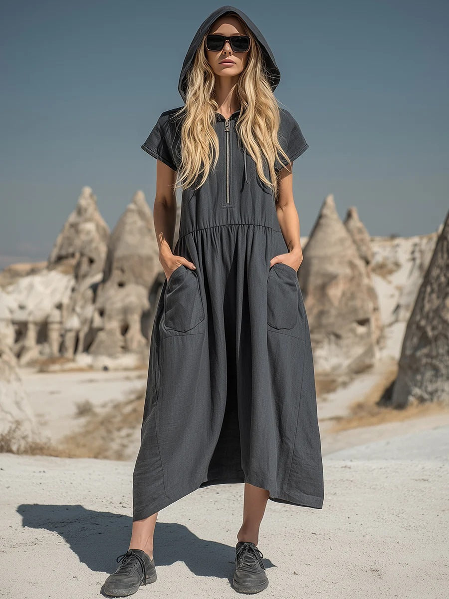 Vintage Cotton-Linen Hooded Half-Zip Midi Dress for Women