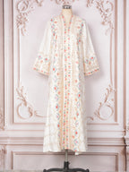 White & Green V-Neck Long-Sleeve Maxi Dress