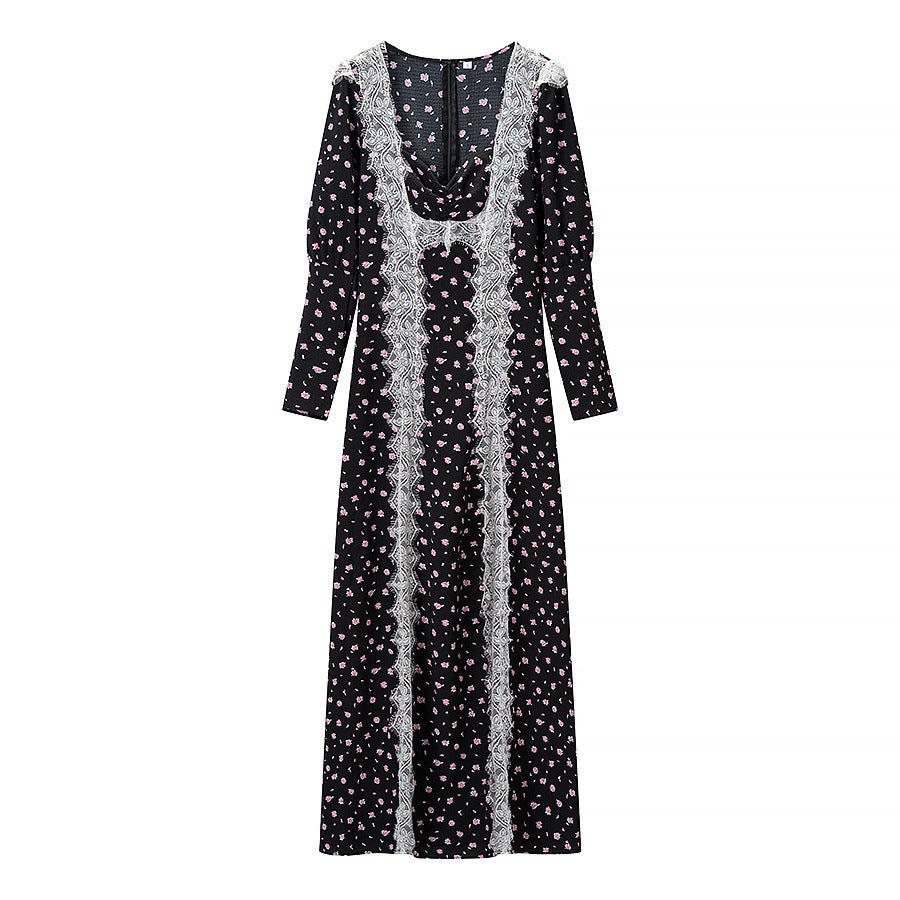 Lace Patchwork A-Line Maxi Dress for Women, Deep V-Neck Long Sleeve