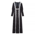 Lace Patchwork A-Line Maxi Dress for Women, Deep V-Neck Long Sleeve
