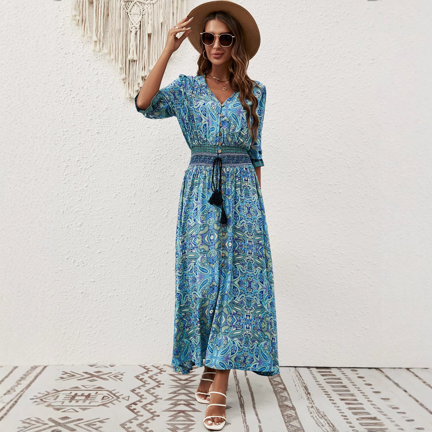 Printed V-Neck A-Line Maxi Dress