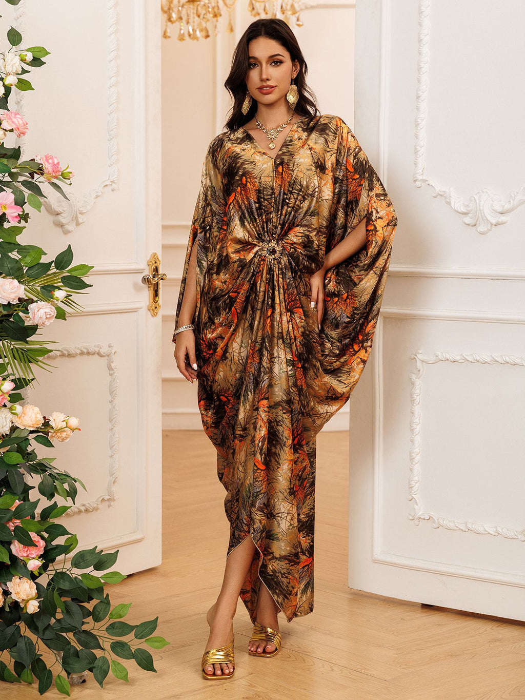 Printed Crew-Neck Maxi Dress