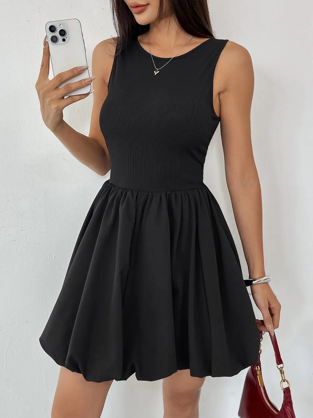 Ruched sleeveless mini dress in black, fitted bodycon party dress by Vilmere