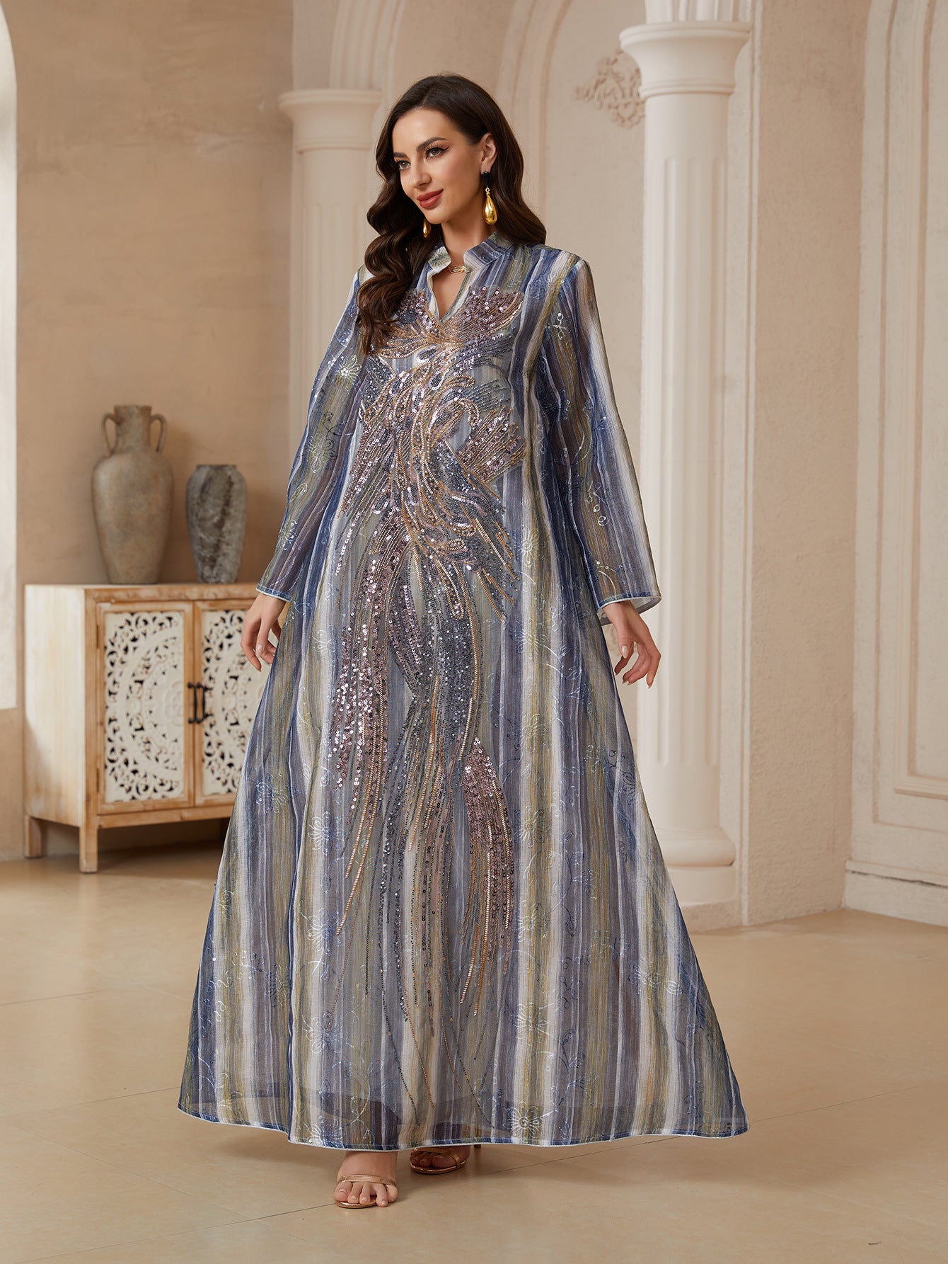 Mesh Sequin Embroidered Maxi Dress