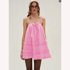 Pink Ruffle-Hem Bow Strap Dress for Women, Sleeveless
