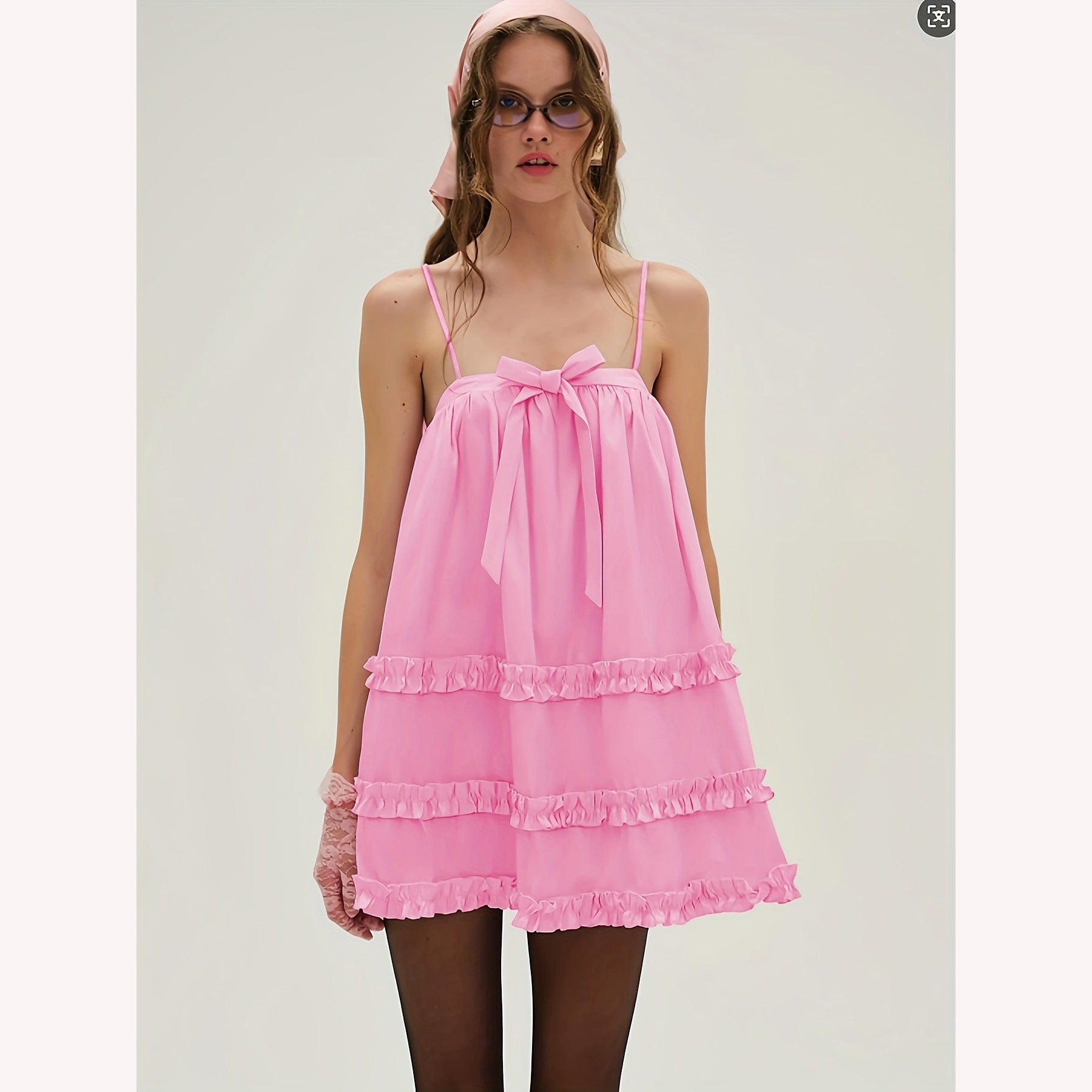 Pink Ruffle-Hem Bow Strap Dress for Women, Sleeveless