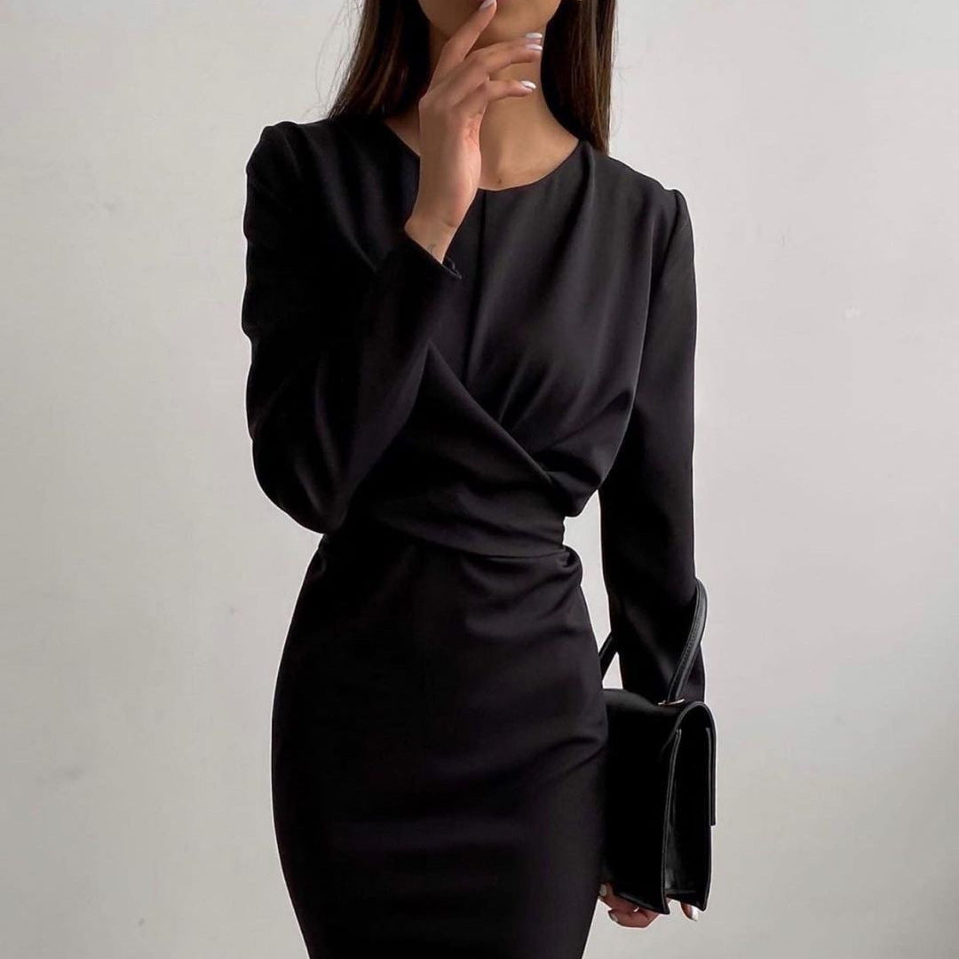 French Vintage Long-Sleeve Bodycon Midi Dress for Women, Round Neck