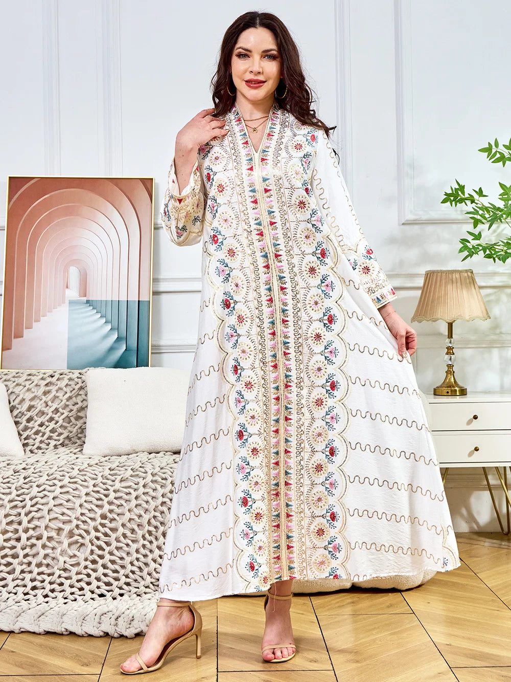 White & Green V-Neck Long-Sleeve Maxi Dress