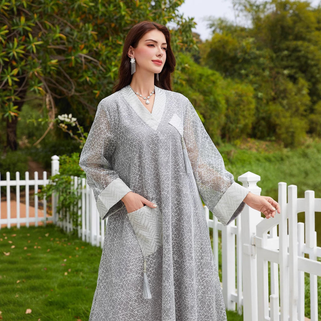 Mesh Tassel Long-Sleeve Maxi Dress