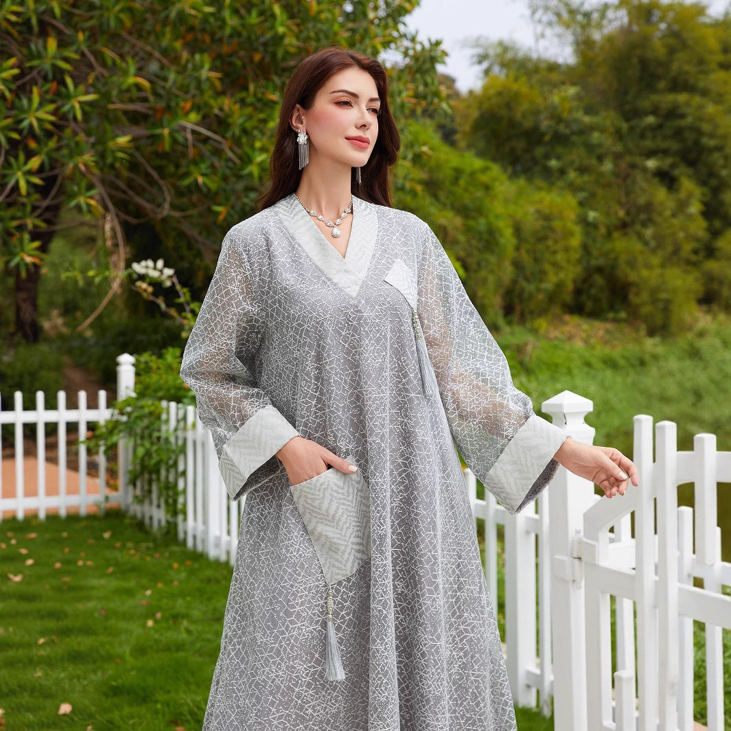 Mesh Tassel Long-Sleeve Maxi Dress