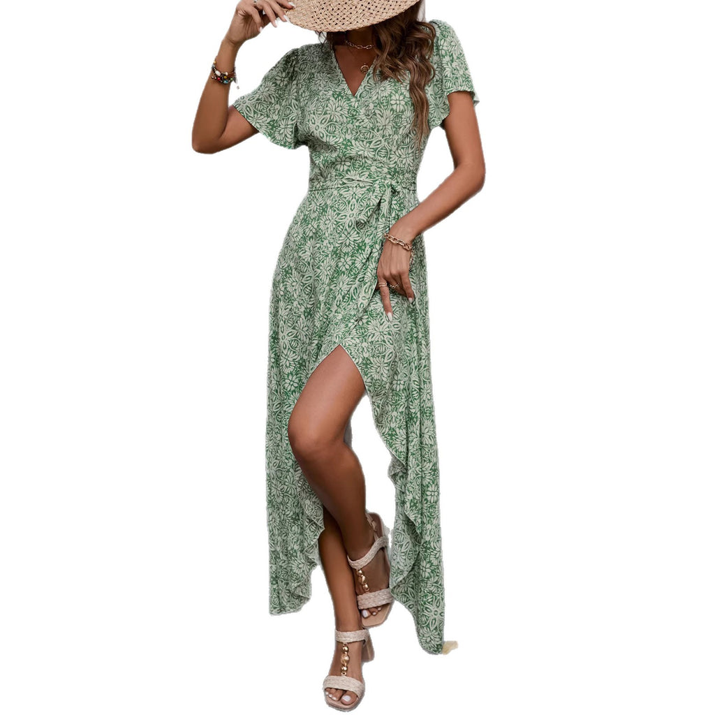Floral V-Neck Maxi Dress, Irregular Hem