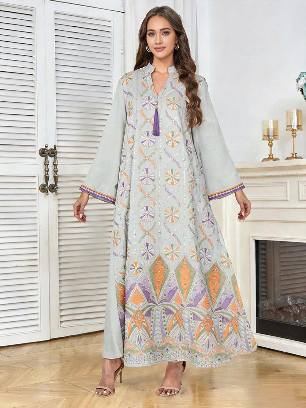 V-Neck Tassel Long-Sleeve Maxi Dress
