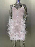 Sequin Diamond Feather Hem Suspender Gown in Ivory