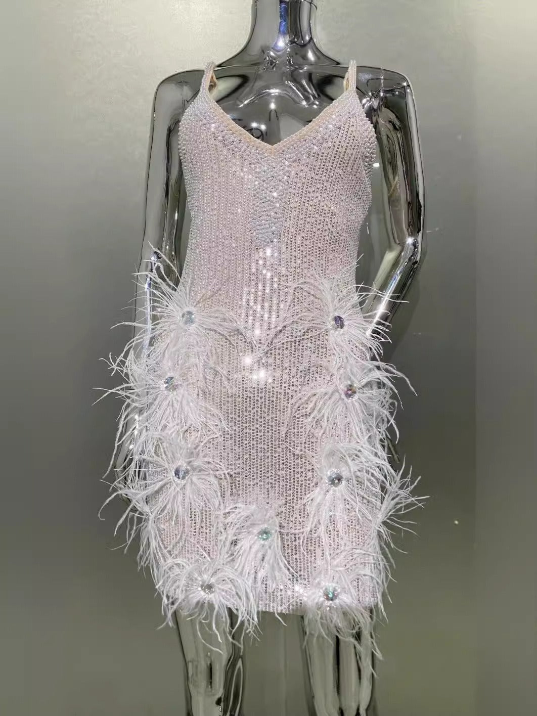 Sequin Diamond Feather Hem Suspender Gown in Ivory