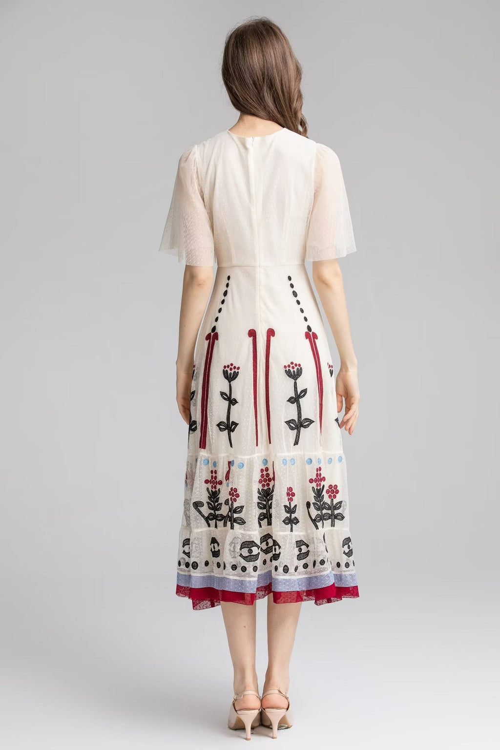 Embroidered Mesh High-Waist Midi Dress for Women