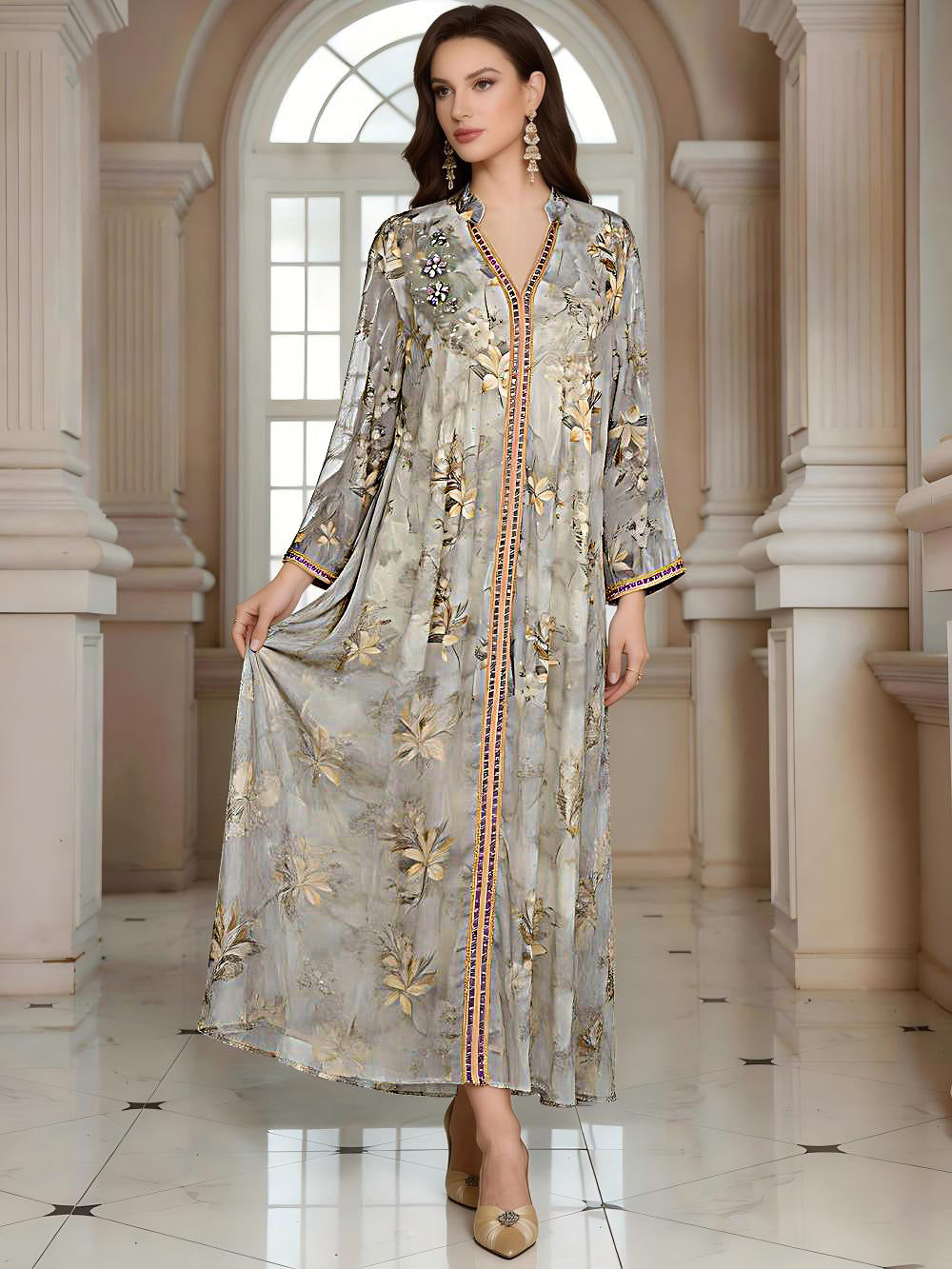 V-Neck Loose Long-Sleeve Maxi Dress, Blue, Apricot & Gray