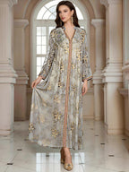 V-Neck Loose Long-Sleeve Maxi Dress, Blue, Apricot & Gray