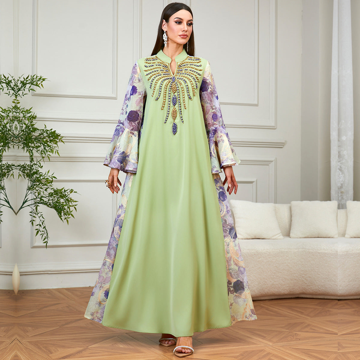 Beaded V-Neck Flared-Sleeve Maxi Dress
