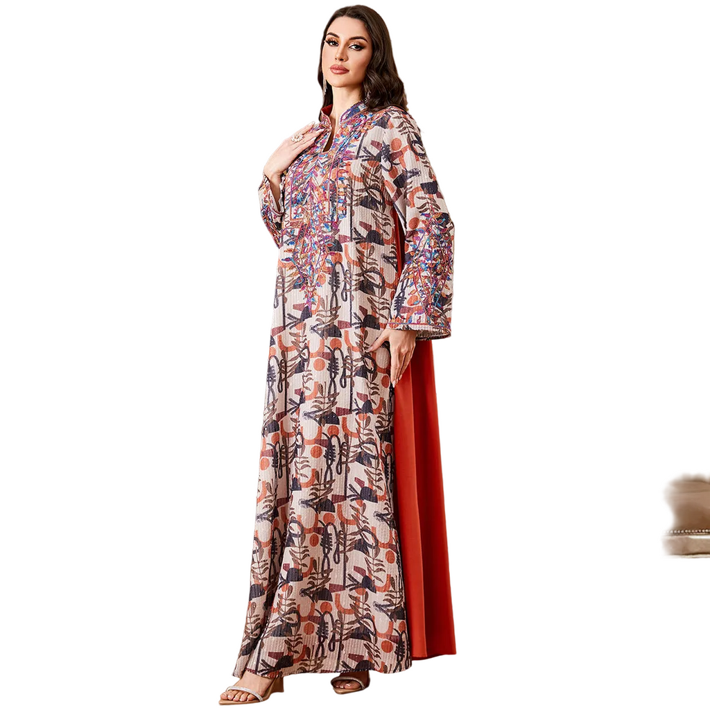 Orange Printed Robe Maxi Dress for women with long sleeves