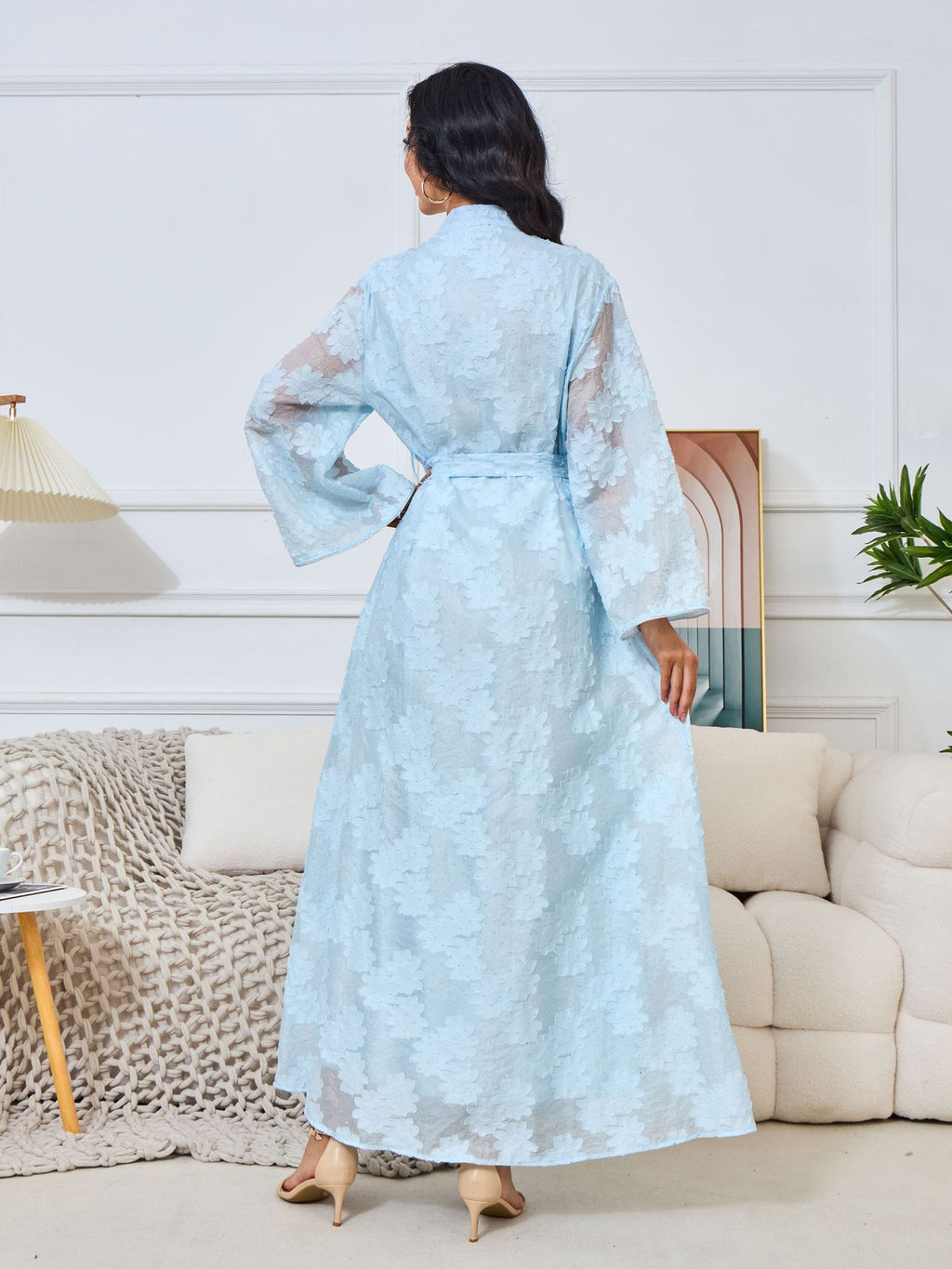 V-Neck Lace-Up Long-Sleeve Maxi Dress, Apricot & Light Blue