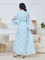 V-Neck Lace-Up Long-Sleeve Maxi Dress, Apricot & Light Blue