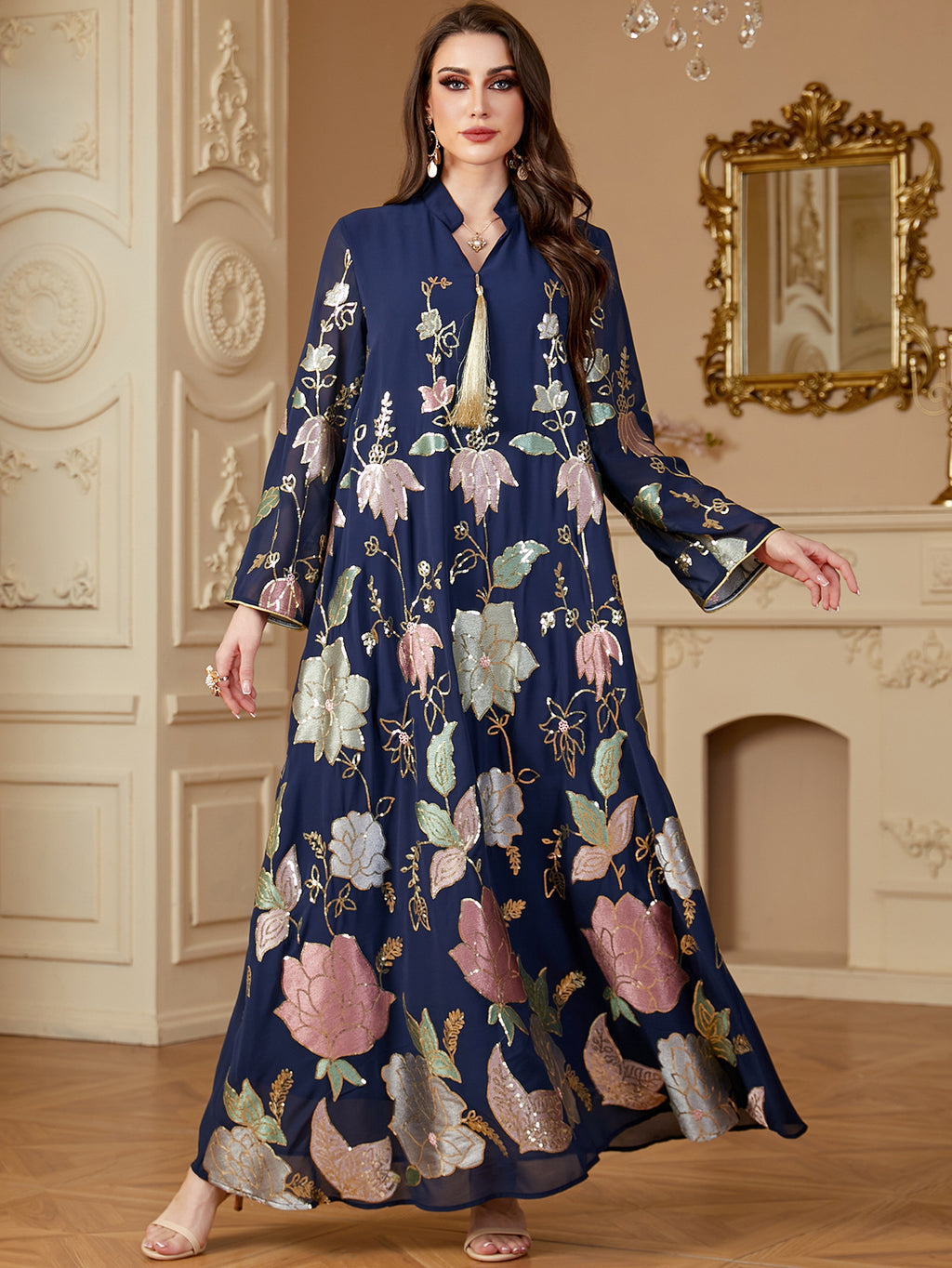 Sequin Embroidered Tassel Robe Maxi Dress