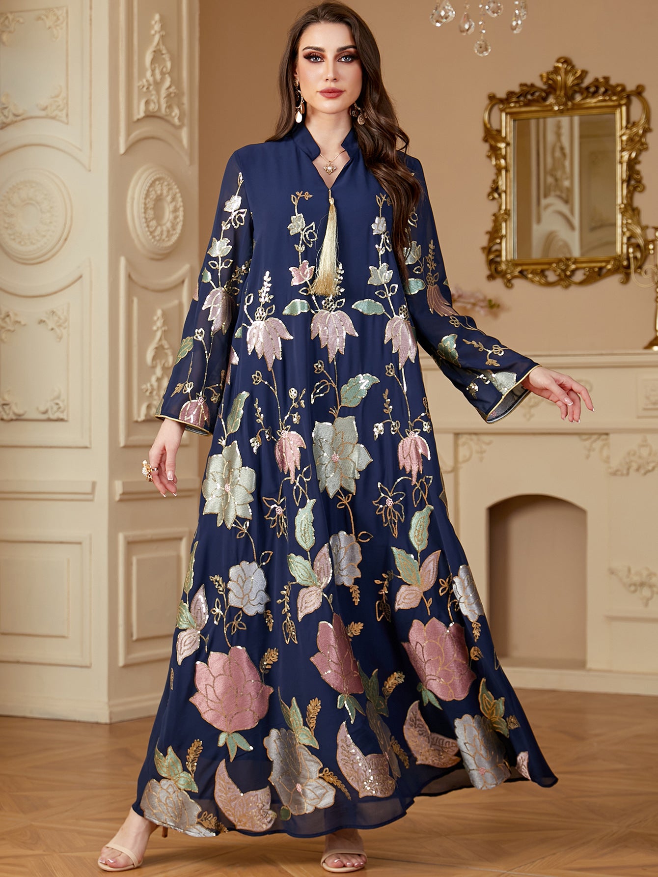 Sequin Embroidered Tassel Robe Maxi Dress
