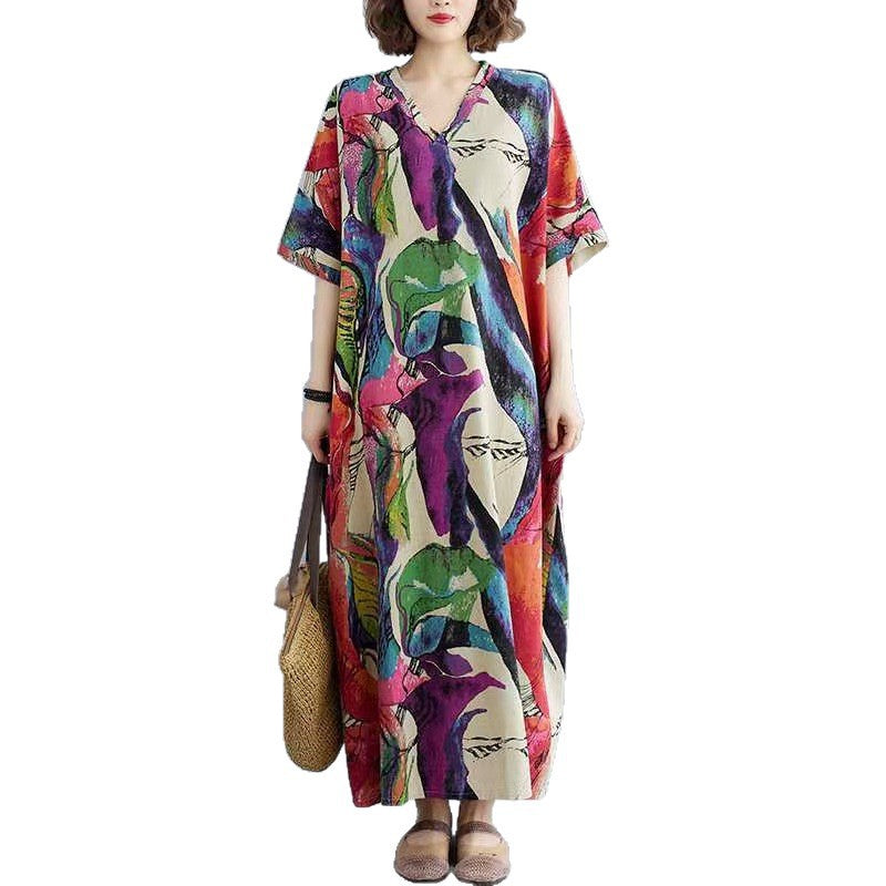 Lightweight V-Neck Short-Sleeve Full-Skirt Beach Dress for Women