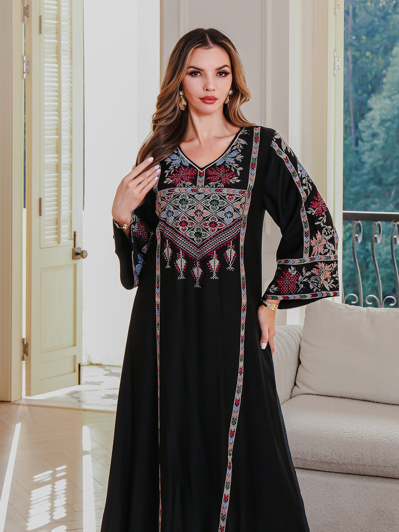 Floral Embroidered Beaded Robe Maxi Dress