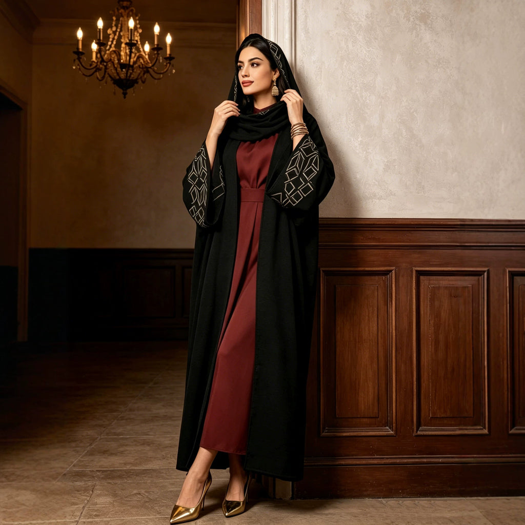 Black Embroidered Robe Dress with Headscarf
