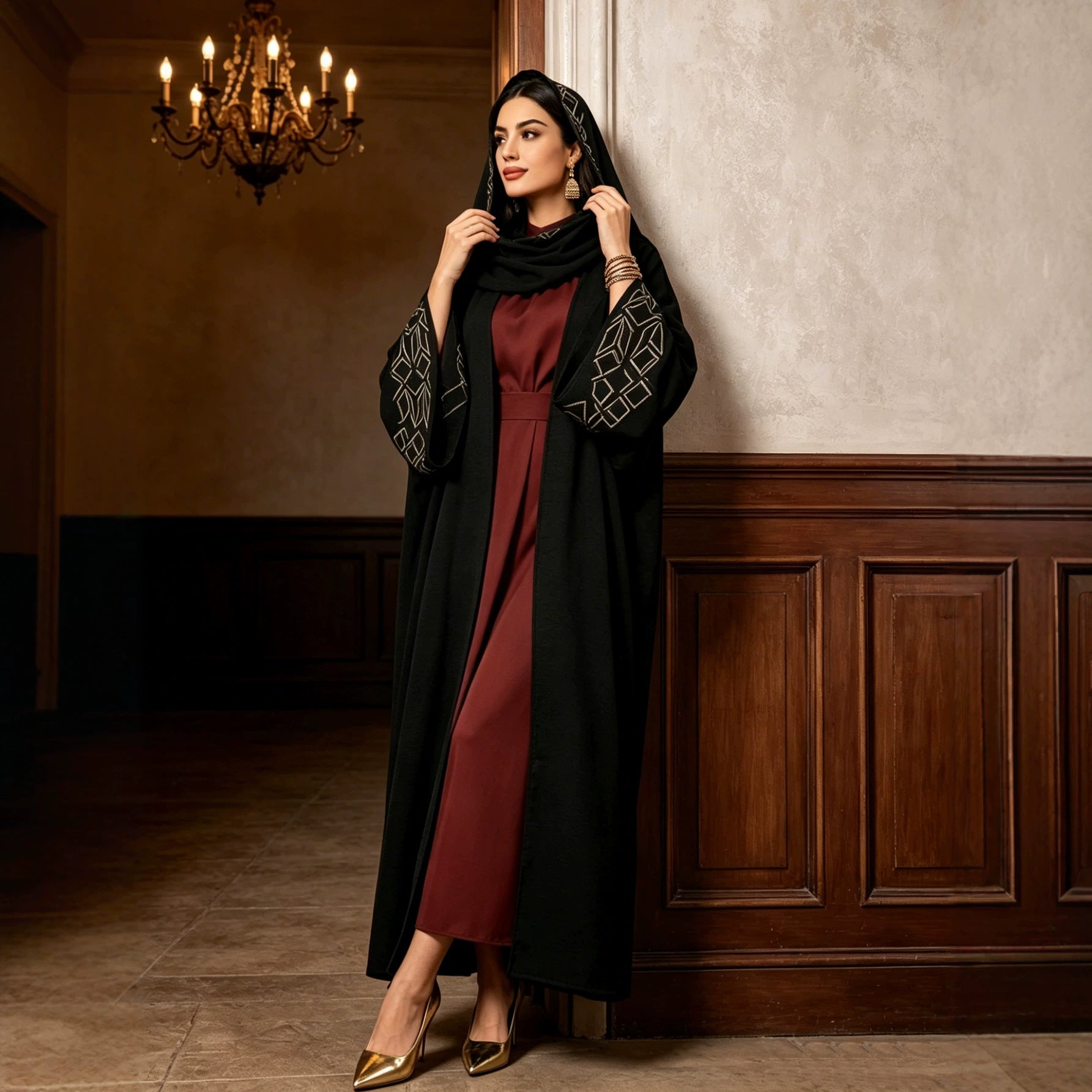 Black Embroidered Robe Dress with Headscarf