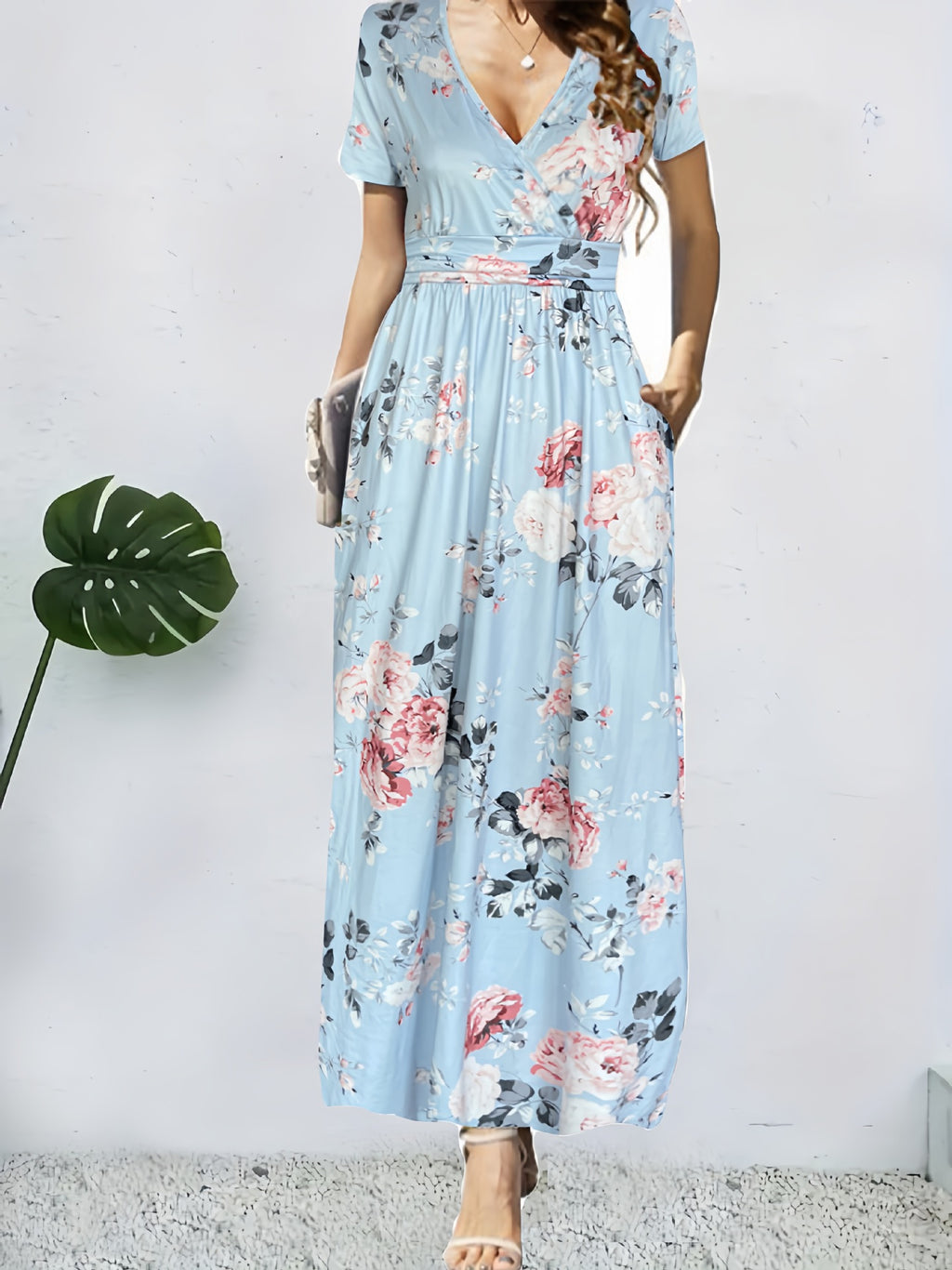 V-Neck Short-Sleeve Wrap Maxi Dress for Women, with Pockets