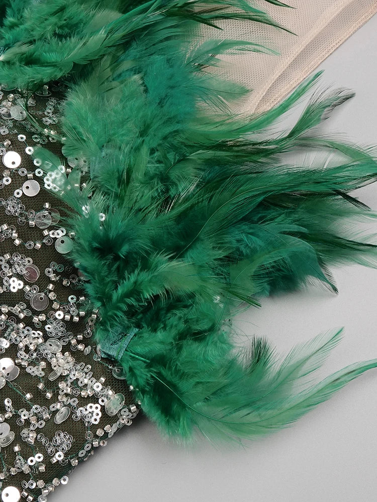Green Feather-Trim Sleeveless Formal Maxi Gown