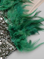 Green Feather-Trim Sleeveless Formal Maxi Gown