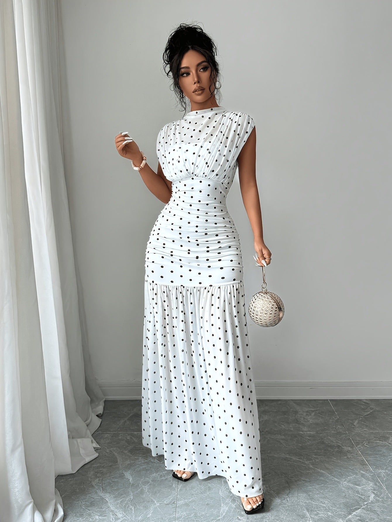 Polka Dot Pleated Maxi Dress